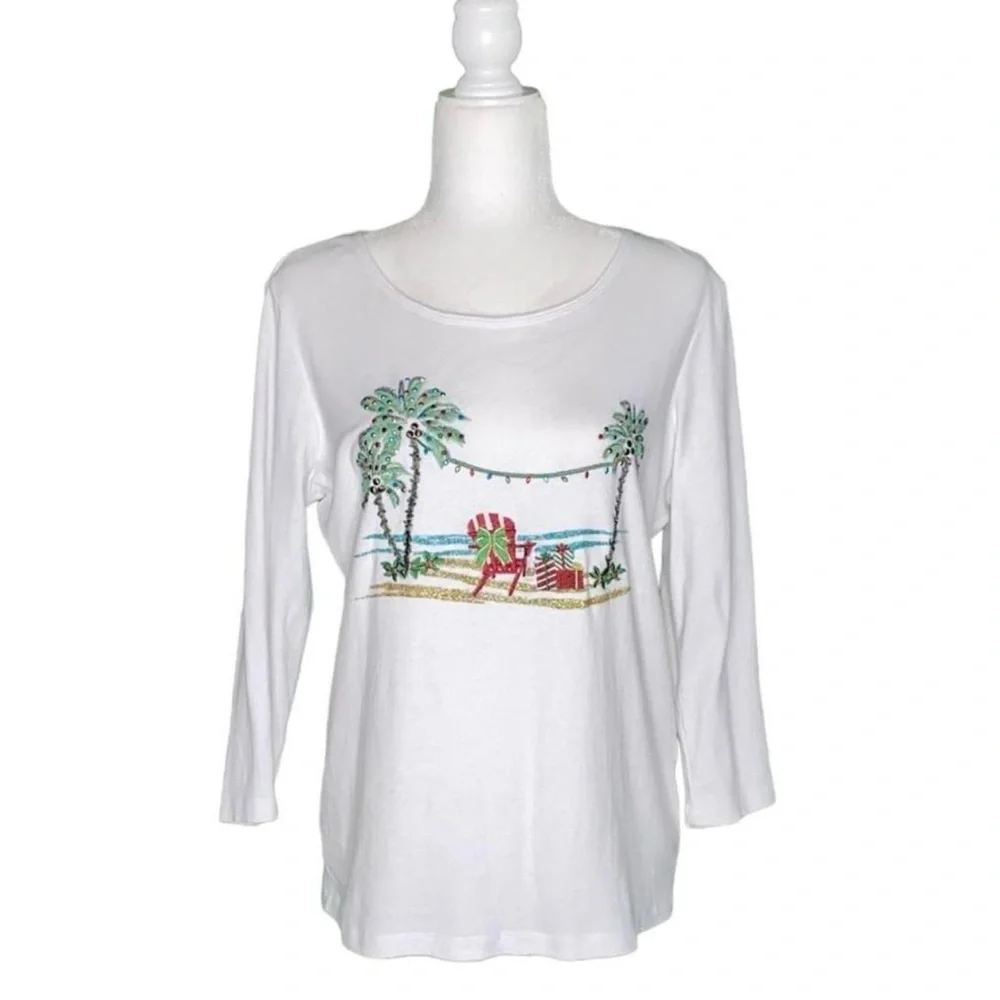 Karen Scott Coastal Christmas Embroidered Palm Tree Cotton Knit Top, Size M - Picture 1 of 6